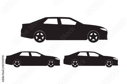 Three black car silhouettes, two smaller and one larger, depicting generic sedan vehicles in side profile on a white background.