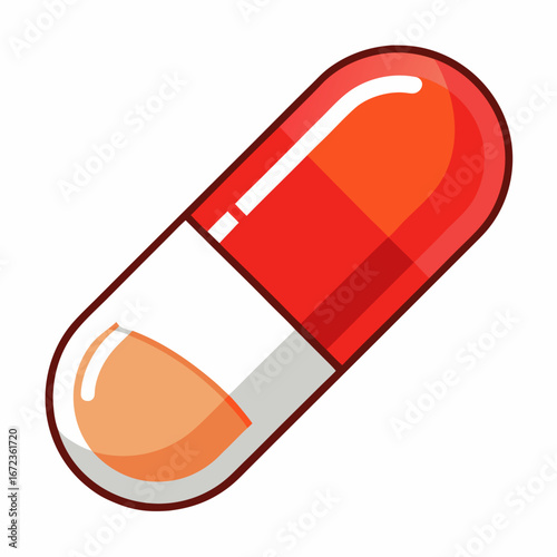 Red and white capsule with orange powder inside isolated on white background