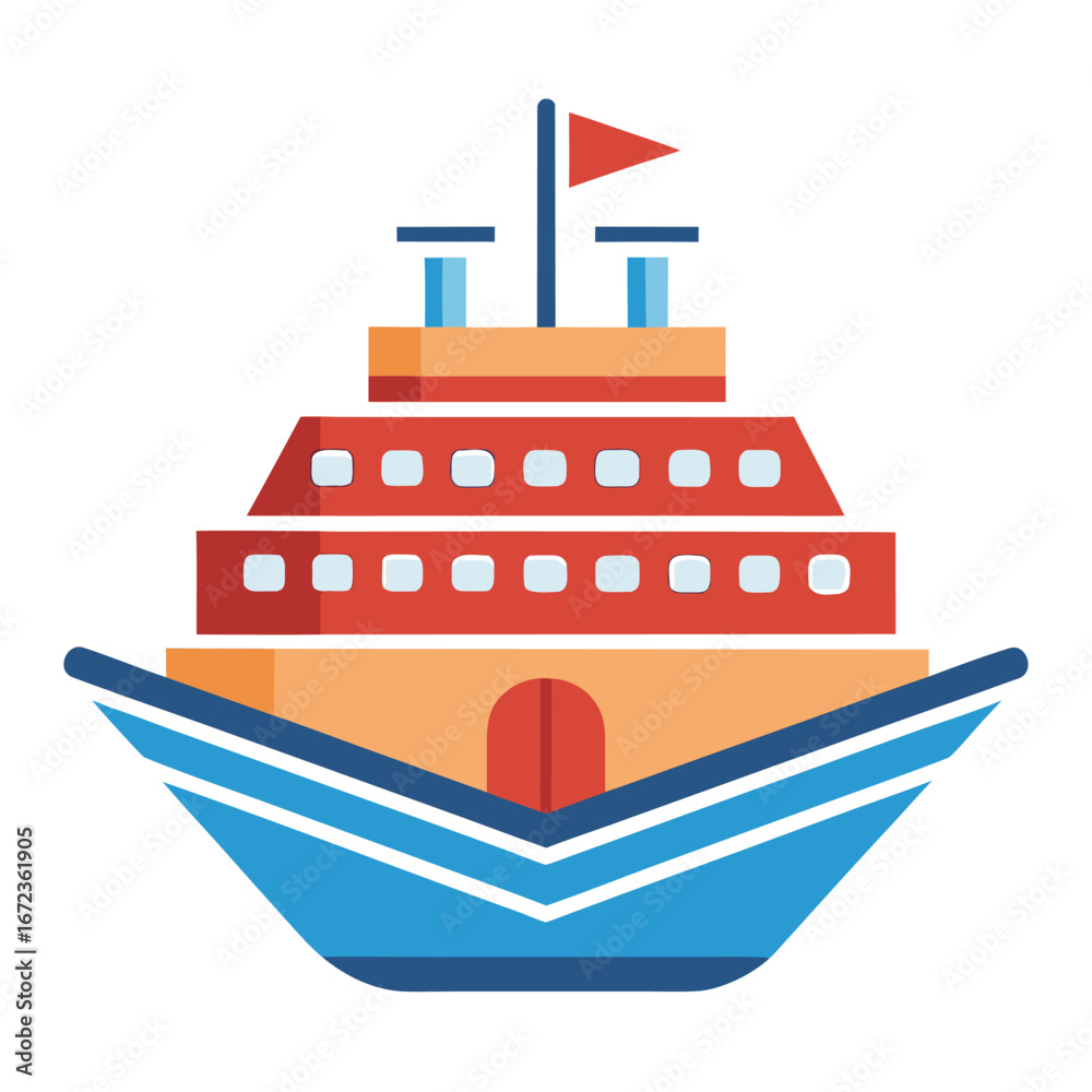 Obraz premium Colorful cartoon cruise ship sailing on blue water waves