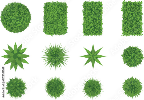 Top View Green Bushes and Plants Collection – Vector Elements for Landscaping, Garden Design, Urban Planning, and Outdoor Decorative Foliage Layouts