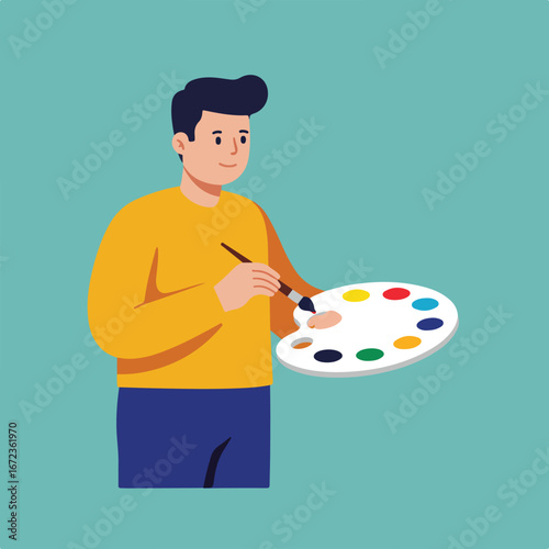 Person mixing colors on palette with paintbrush in an art studio