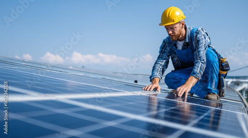 Technicians working on rooftop installation of a solar panel system, inspecting and fitting photovoltaic modules