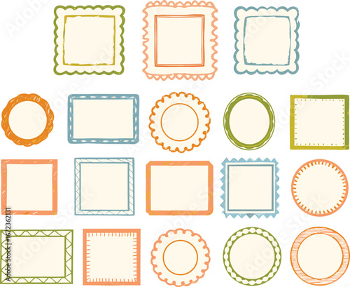 Decorative frame icons set | Vintage borders, square and round labels, scrapbook design, retro outline elements, handmade ornamental templates
