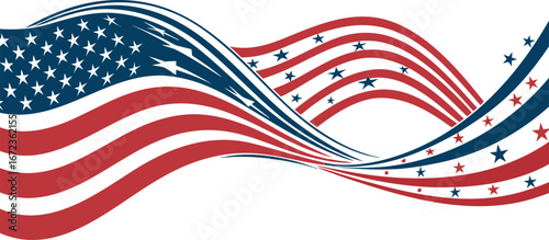 Abstract waving american flag banner with flowing red blue stars and stripes patriotic design vector