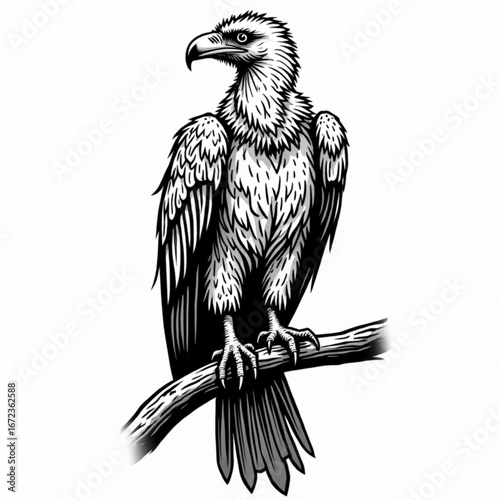 Majestic Vulture Perched: An artful illustration showcases a majestic vulture, with sharp eyes and a keen gaze, perched on a sturdy branch, embodying the wild grace of nature.