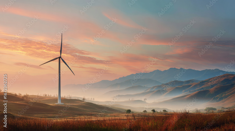 Obraz premium Wind turbine standing in a countryside landscape during sunset