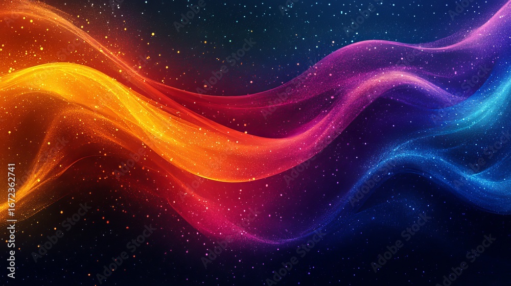 Fototapeta premium Rainbow noisy grainy poster design abstract vibrant background yellow blue orange red purple color flow wave black backdrop noise texture banner