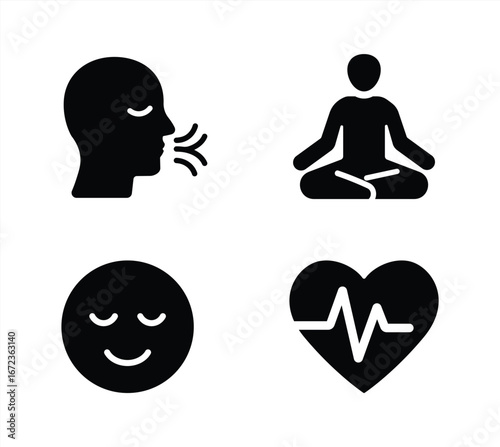 Stress Relief Icons Set with Solid Filled Design, Deep Breathing, Yoga Pose, Calm Face, Heart Rate Monitor, Anxiety Management, Relaxation Symbols, Wellness Vector Illustration