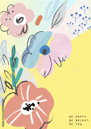 An inspiring artwork with cheerful floral illustrations and an uplifting message, urging viewers to embrace happiness and be their authentic selves.