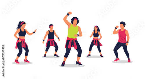 A diverse group of energetic individuals enthusiastically participates in a vibrant dance fitness class, showcasing dynamic movements and healthy lifestyle.