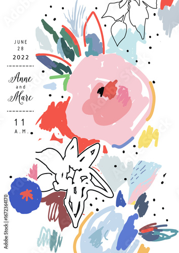 This invitation design incorporates elegant floral illustrations combined with modern shapes and colors, perfect for notifying guests of a special event or occasion.