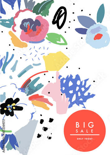 This image features a colorful display of abstract flower designs layered with geometric shapes, creating a lively and modern artistic composition ideal for various uses.