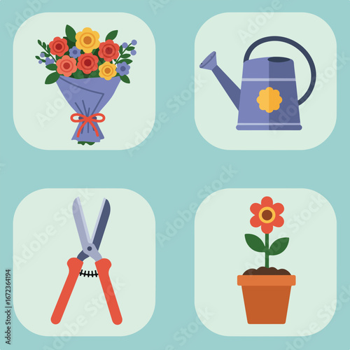 Flowers, watering can and plant pruning on a light blue background