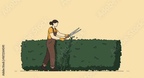 Woman Trimming Green Hedge Outdoors with Shears (illustration)