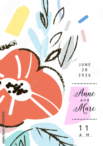 A vibrant and artistic wedding invitation featuring abstract floral illustrations in bold colors, perfect for announcing a joyful celebration of love and togetherness.