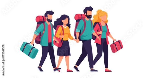 A diverse group of friends or couples embarks on an exciting journey, carrying their backpacks and luggage, ready for adventure and exploration.