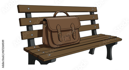 Satchel Rests Upon Brown Bench in Isolated Scene