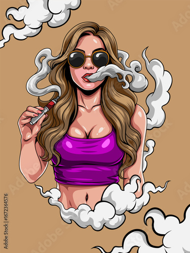Description

Woman wearing glasses, holds electronic cigarette for vaping and blows steam from mouth with Vector lilustration