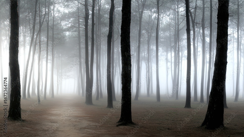Obraz premium Misty Forest Path with Tall Trees and Soft Light in Calm Natural Setting