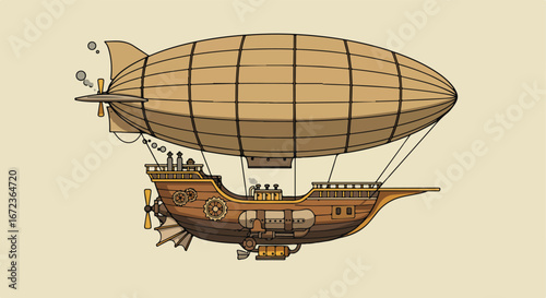 Dirigible soaring in the sky air travel in retro futuristic vector artwork