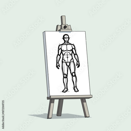 Drawing of a human figure on an artist's easel.