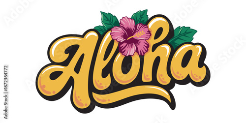 Colored inscription aloha with flower. vector illustration