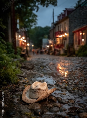 Fototapeta Naklejka Na Ścianę i Meble -  A straw cowboy hat rests on wet stones in a cobbled street at dusk.