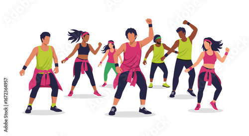 A diverse group of energetic people, men and women, engaging in a dynamic fitness dance class, enjoying a vibrant and healthy workout session together.