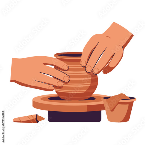 Potter forming a pot on a pottery wheel, in a workshop studio