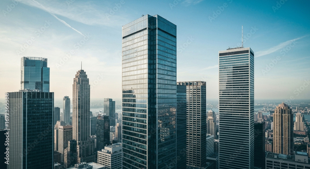 Fototapeta premium Tall skyscrapers in modern business district skyline under clear morning blue sky.