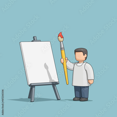 Person with paintbrush and easel creates art on canvas.