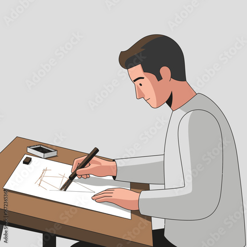 Man drawing on paper at a desk with a pen.