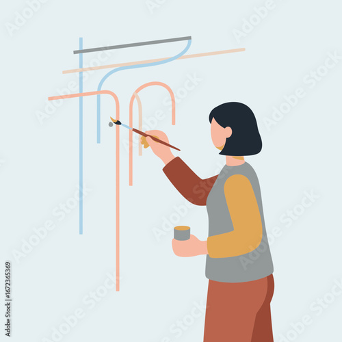 Person painting abstract lines on a wall with a brush.