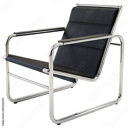 Modern black fabric lounge chair with chrome frame isolated on transparent background