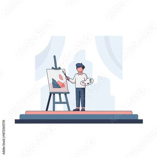 Artist stands by easel painting on a stage.
