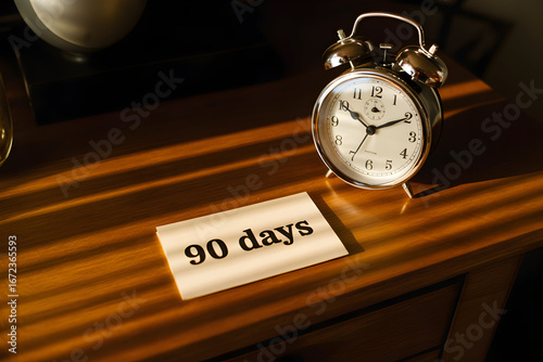 An alarm clock and a notecard reading 90 days on a wooden nightstand, bathed in warm light