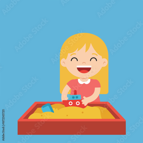 Girl Playing with Boat in Sandbox
