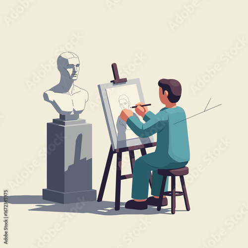 Artist sketching a sculpture in a studio.