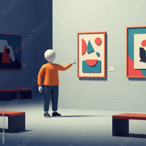 Person viewing abstract art in a modern gallery with benches.