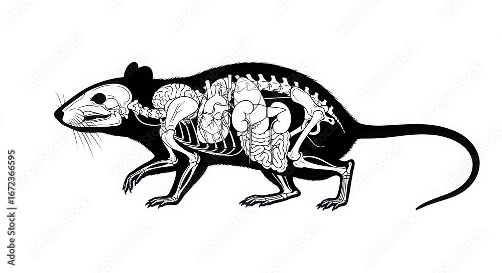 Fototapeta premium Detailed anatomical cross-section of a rat revealing skeleton and internal organs in a realistic stylized rendering