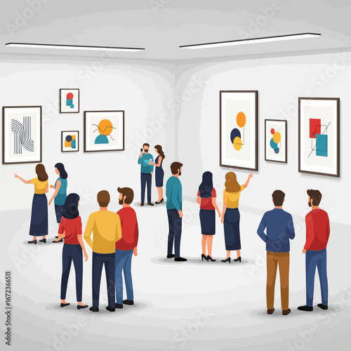 People viewing abstract art in a brightly lit gallery.