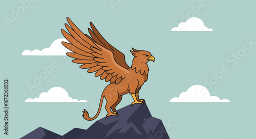 Gryphon Stands Guard on Mountain Peak Underneath Cloudy Sky