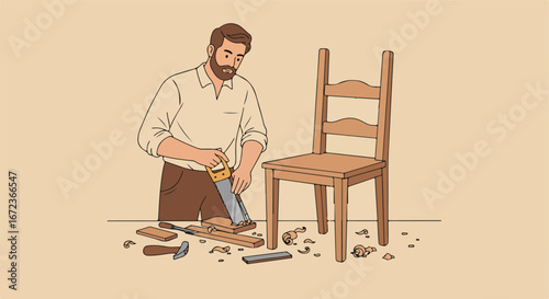 Carpenter Sawing Wood for Chair in Workshop