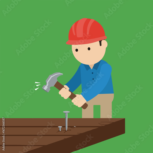 Worker Hammers Nail into Wood Planks on Green Background Illustration