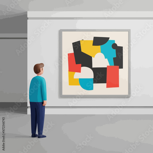 Child observes abstract painting in a modern gallery setting.