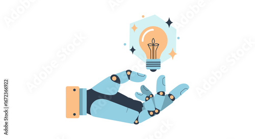 A sleek robotic hand gracefully offers a glowing light bulb, representing artificial intelligence, groundbreaking innovation, and future technological creativity.