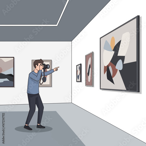 Man photographs art in a modern gallery.