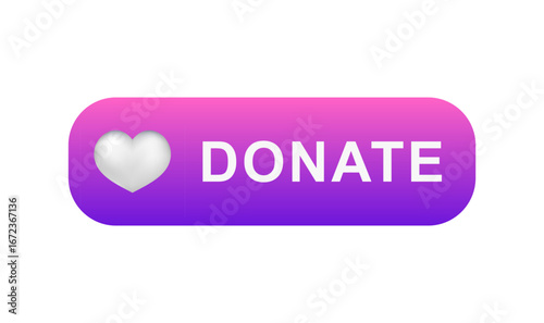 A button with a heart icon and the word donate, designed in purple and pink for charity use.