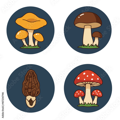Cartoon Mushrooms Gathered Together In Forest Circles