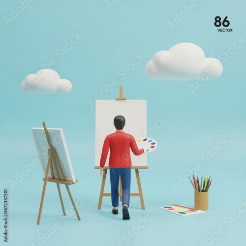 Artist painting on canvas with easel and supplies under blue sky.